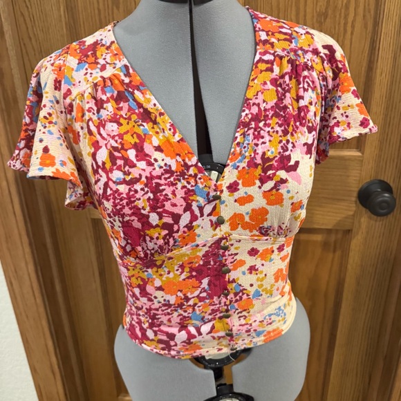 Anthro Floral Button Front Smocked Tie Back Top XXS - Picture 5 of 9